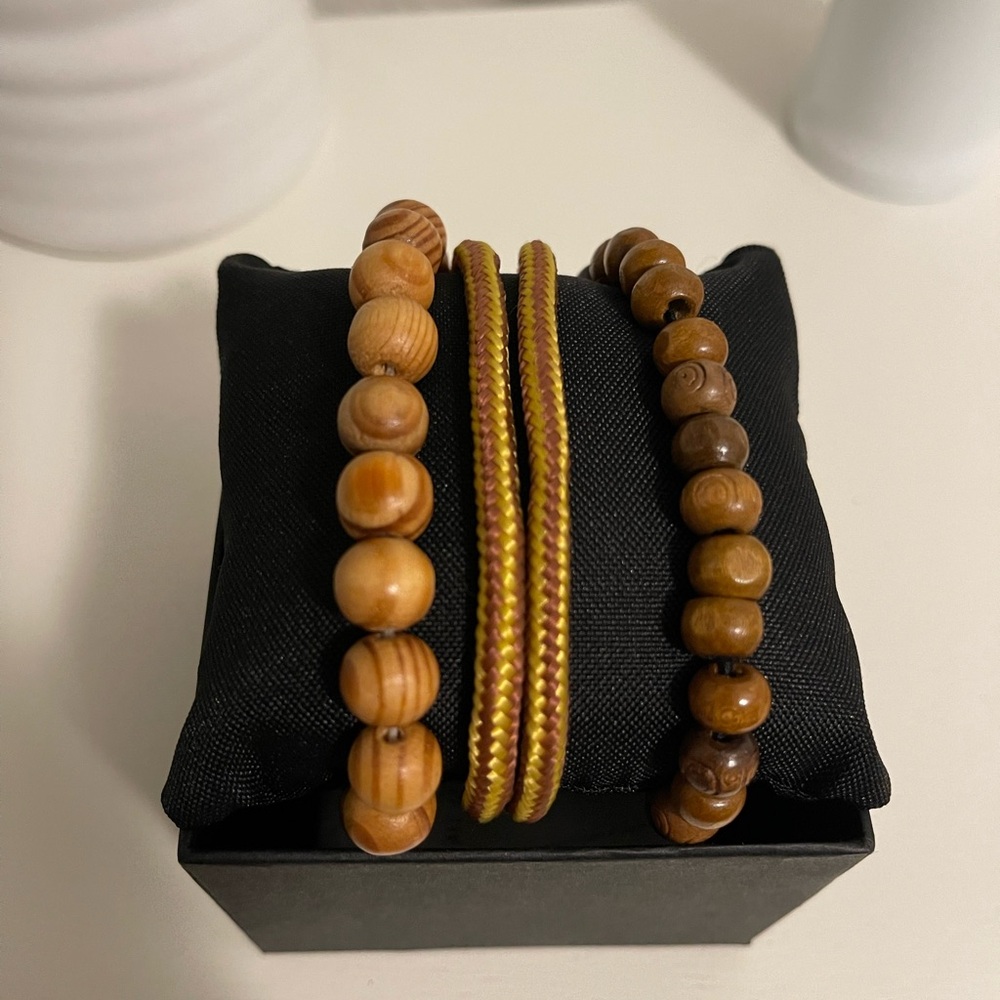 Wooden Bead Bracelet Set - Brown and Yellow 3 piece